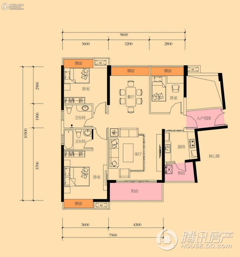 天悦湾d户型 3房2厅2卫 建面116.22㎡