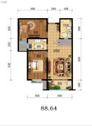 福临名邸2室1厅1卫88平方米户型图